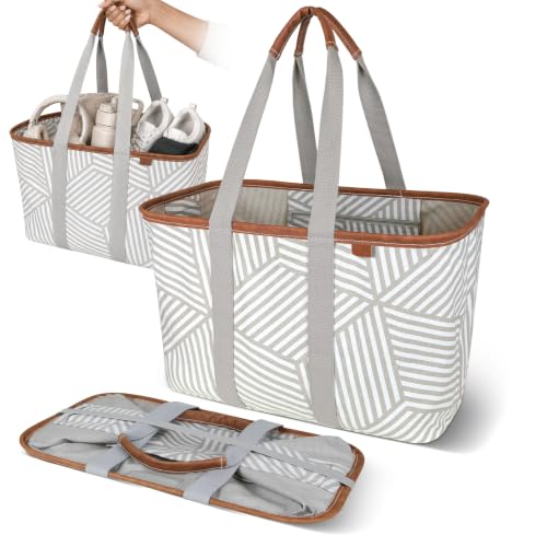 CleverMade Snapbasket LUXE Collapsible Tote - Geometric Taupe 1 Pack 30L / 8 Gal - Reusable Grocery Collapsible Storage Shopping Organizer