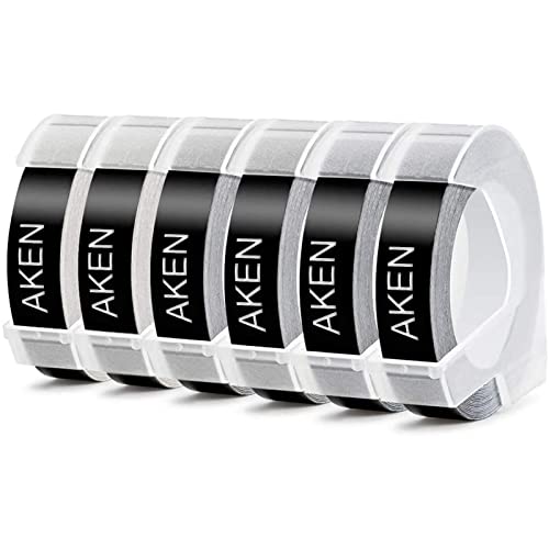 Aken 3D Etiquetas 9 mm x 3 m compatible para Dymo Omega Junior Organizer Xpress Motex Embossing Impresora, usar en lugar de Dymo 9mm Embossing cinta, Estampado blanco sobre negro, 6 Rolls Cover