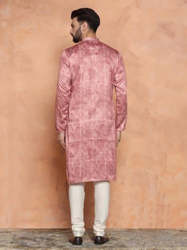 Image of KISAH Men's Navy Blue Printed Cotton Kurta - Regular Fit Long Tunic with Mandarin Collar | Ethnic Wear for Weddings & Festive Occasions