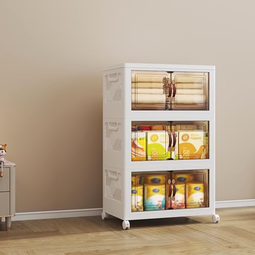 CozyInno 3-Tier Stackable Plastic Storage Containers, Collapsible Storage Bins with Lids & Wheels (140L Total), Space-Saving Bathroom & Wardrobe Storage Organizer