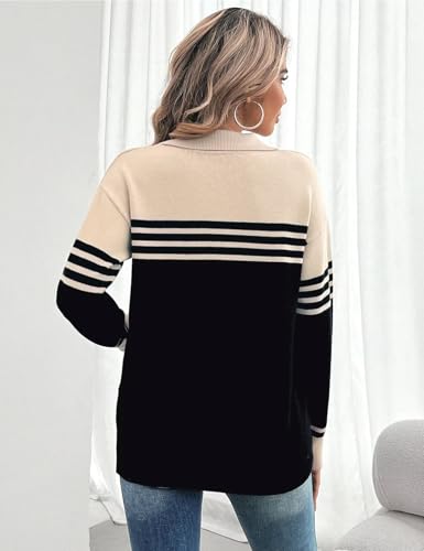 CiCiBird Women Fall V Neck Sweater Color Block Polo Long Sleeve Shirt Casual Loose Striped Pullover Sweaters2