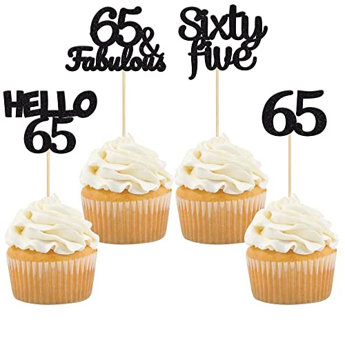 Gyufise 24Pcs Black Glitter 65th Birthday Cupcake Toppers Hello 65 Sixty Five Cake Toppers 65 & Fabulous Cupcake Picks for 65th Birthday Cake Decorations Supplies