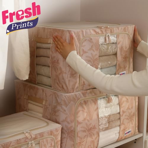 Image of HOKIPO 66L(L) 600D Oxford Fabric Cloth Organizer for Storage, Beige Botanica Pack of 2 (AR-6486-BGE*2)