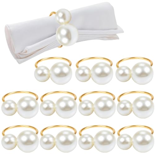 Pearl Napkin Rings Set of 12, Gold Serviette Buckle Holder for Easter, Family Gathering, Dinner Party, Wedding Decor, Napkin Ring for Christmas, Thanksgiving Day, Friends and Family (2 Gold Pearls)