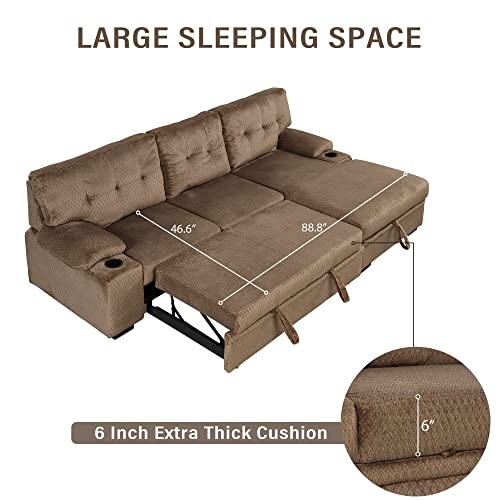 Merax Sofa Bed Sleeper Modern Couch With Storage Chaise And Cup Holder For Living Room, 95.7 Inch, Brown #TOP6