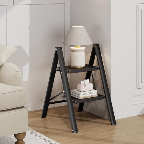 KINGRACK 2 Step Folding Ladder, Lightweight Portable Home Ladder with Non-Slip Wide Pedals and Safety Lock, Sturdy Step Ladder for Adults Painting, Home, Kitchen, Garage, Black by KINGRACK - Used condition - Image 9
