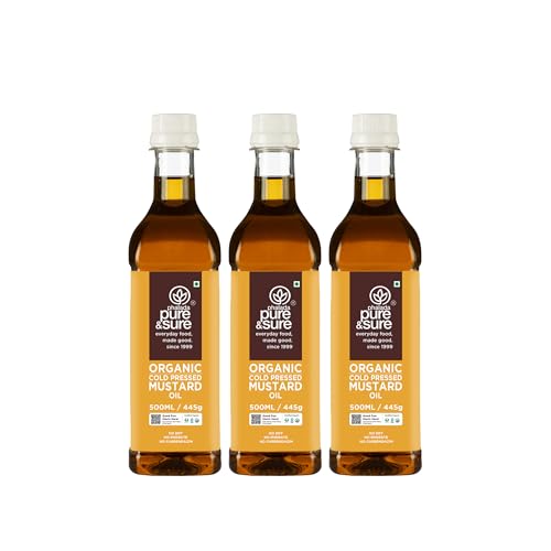 Image of Pure & Sure Organic Cold Pressed Mustard (Kachi Ghani) Oil 1.5 Litres | Natural Sarso Tel for Cooking, Hair Care & Skin Care|Rich Flavour and Nutrients | (500ml X Pack of 3)