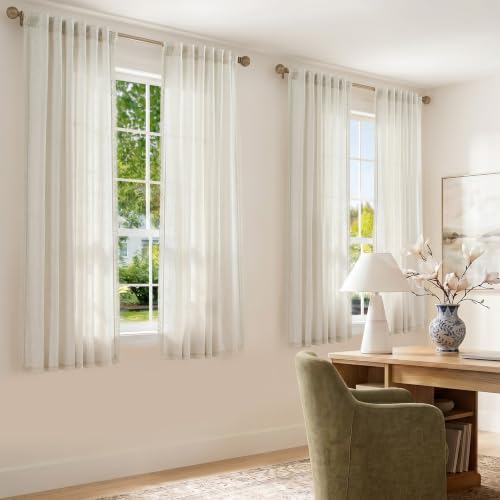 Image of jinchan Linen Curtains with Lace Trim Beige Curtains for Living Room 63 Inch Length Rod Pocket Rustic Farmhouse Curtains Semi Sheer Light Filtering Drapes Bedroom Window Curtain Set 2 Panels