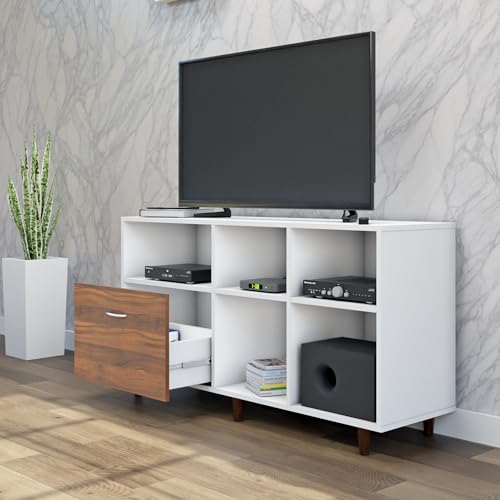 Image of VIKI Modern TV Unit for Living Room | Engineered Wood TV Cabinet with 1 Drawer Storage & 3 Open Shelves, Entertainment Unit, 140W x 74H x 40D cm | DIY | 1 Year Warranty (White & Walnut)