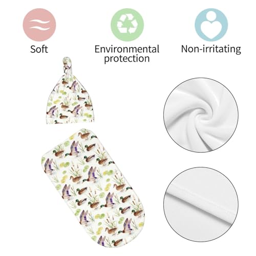 Image of Lcokin Mallard Duck Baby Stuff Swaddle Blanket Hat Set, Newborn Receiving Blanket Shower Gift for Boys Girls