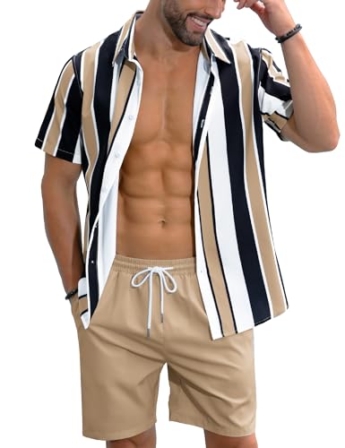 LecGee Men's Hawaiian Shirt Set Tropical Print Striped Button Down Hawaiian Shirt and Shorts 2 Piece Outfits