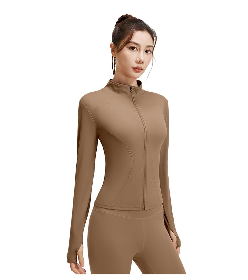 GRECERELLE Chaqueta de yoga para mujer con cuello alto, adelgazante, transpirable, perfecta para correr, fitness y yoga, cómoda, elegante, ideal para llevar en cualquier época del año, café, S