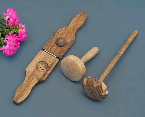 Image of Handmade Pure Mango Wood Hand Mathani, Lemon Press and Roti Press - Set of 3, Wooden Kitchen Tools Sets for Cooking