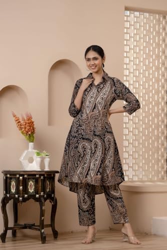 Image of Brown Paisley Printed Kurta with Straight Pants | Kurti Set for Woman