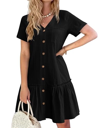 Image of HOTOUCH Women Button Down Dress Loose Summer Cotton Linen Dress Ruffle Hem Casual Dress Short Sleeve Tunic Dress
