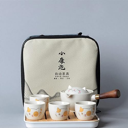 Juego de té portátil de cerámica Scizorito, juego de té chino Kungfu con tetera giratoria de 360 grados y filtro, 4 tazas de té, bandeja de té y bolsa de viaje (Gato de la Suerte)