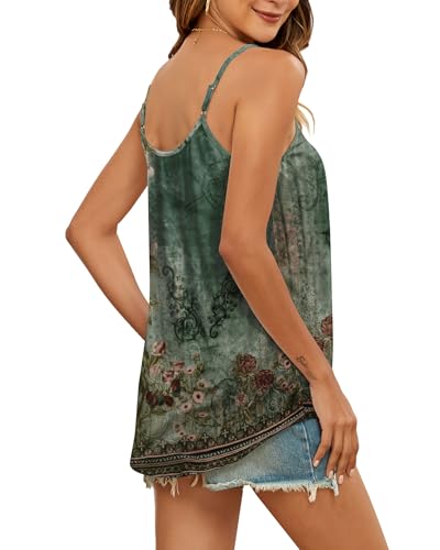 SENBATU Débardeur Femme Bretelles Spaghetti sans Manches Hauts D'été Femme Plissé Col Rond Chemisier À Fleurs Vert Rose «X-Large» XL 46-48 – vue 3