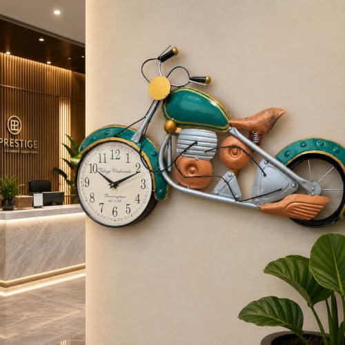 Image of Handpainted Green Bullet Bike Wall Clock Metal Sculpture Motorcycle Wall Art Decorative Showpiece Home Decor for Living Room (27x16 Inch)