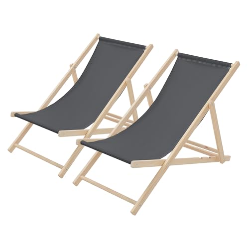 ECD Germany Set di 2 Sedie Sdraio Pieghevoli in Legno di Pino e Tessuto Oxford fino a 120 kgAntracite Lettino Prendisole Spiaggia Balcone Giardino Terrazza Piscina Spiaggina da Esterno Resistente
