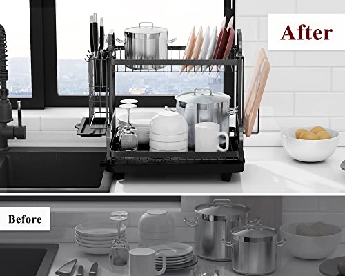 Sakugi Dish Drying Rack For Countertop - Rustproof Dish Rack, Space-Saving & Multipurpose Drying Rack For Kitchen Counter With Utensil Holder, Large-Capacity 2-Tier Dish Drying Rack, Black #TOP6