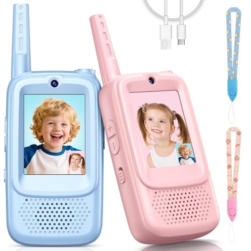 Kids Video Walkie Talkies Toys with Rotating Antenna & 2.0-Inch Screen - Dual-Camera Video Chat USB-C Rechargeable with Lanyard Colorful Gift for Interactive Play (Blue and Pink)