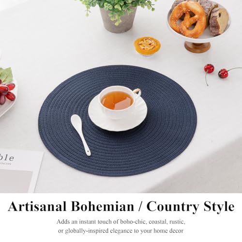 Image of SHACOS Round Placemats Set of 6 Washable 15 inch Circle Polyester Woven Braided Place Mats for Dining Table Indoor Outdoor Table Mats Home Party Wedding Decor (Navy, 6)