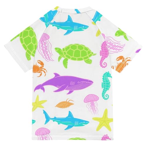 Fluorescent Green Yellow Sea Animal Turtle Whale Seahorse Short Sleeve Kids Bathing Suits Boys Swimsuits for Little Girls Kids Rash Guard for 3-12 Years Traje de bano para nino2