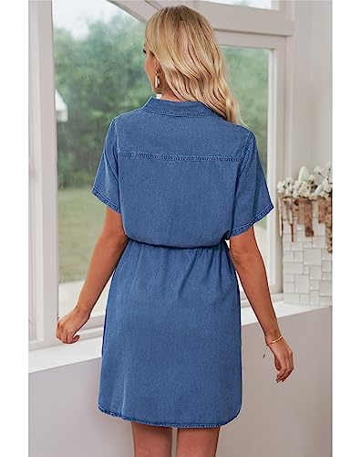 Luvamia Women's Casual Denim Dress Short Sleeves Tie Waist Button Down Denim Short Jean Dress Classic Blue Size M #TOP4