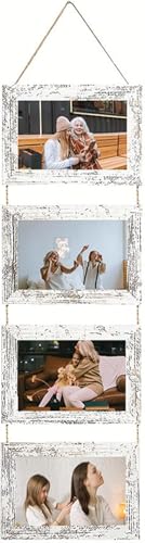Wall Hanging Photo Frames 4x6 Inch - Set of 4 Distressed White Picture Frames with Hemp Rope, Collage Style Home Decor Display