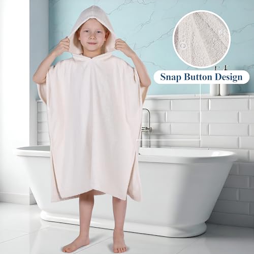 Image of Superior Kids Cotton Terry Poncho, Soft, Absorbent Bath Towel with Hood, Bathroom Accessories, Long, Plush Bathrobes for Bath, Shower, Spa, Resort, Hotel, Beach, Pool, Boy, Girl, Large Size, Ivory