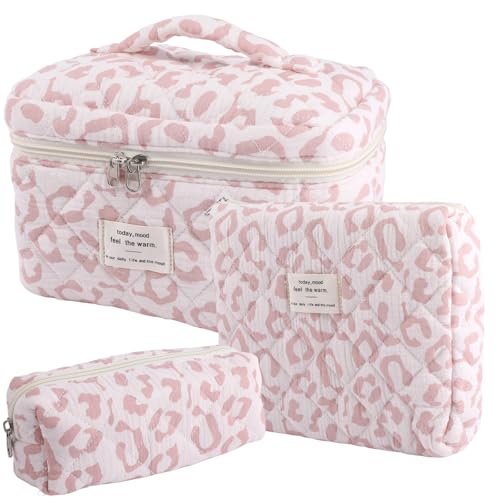 Image of YINGJEE Large Quilted Makeup Bag for Women and Girls, Cute Coquette Floral Cotton Cosmetic Bag, Aesthetic Travel Organized Toiletry Bags (09-pink Leopard)
