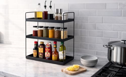 Image of SJC GLOBAL Premium 3 Tier Heavy Duty Metal Rack Kitchen Counter Top Organizer Rack Multipurpose Spice Organizer Masala Stand Bathroom Shelf Cosmetic Holder Kitchen Storage Rack Freestanding Black
