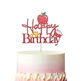 Apple Happy Birthday Cake Topper, Apple of Our Eyes Cake Decor, Red Glitter Apple One Cake Topper for Kids Birthday, Fruit Themed Baby Shower Party Decoration
