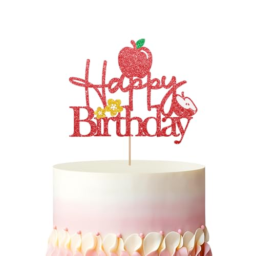 Apple Happy Birthday Cake Topper, Apple of Our Eyes Cake Decor, Red Glitter Apple One Cake Topper for Kids Birthday, Fruit Themed Baby Shower Party Decoration