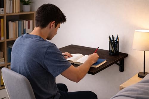 Image of Enigmatic Woodworks Wall Mounted Folding Study Table | Space Saving Foldable Laptop Desk for Home & Office | Engineered Wood Wall Mount Table (Wenge, 60 * 40 cm)