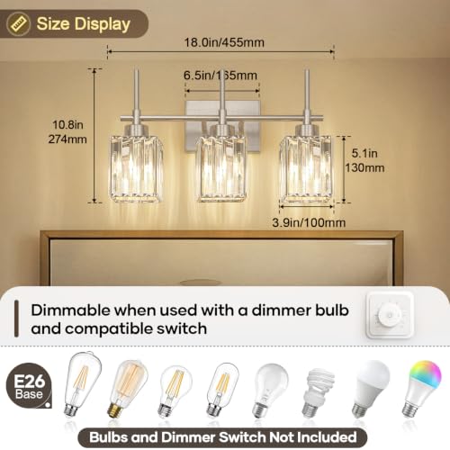 Image of Torondo Modern Crystal Bathroom Vanity Light 3-Light Brushed Nickel Bathroom Light Fixtures Over Mirror Vanity Lighting Fixtures Square Shade Wall Sconce (Bulbs Not Include)