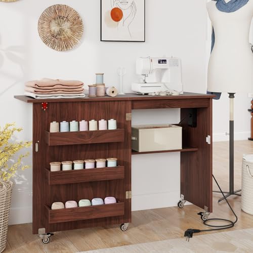 Miniatura 2 de Giantex Armario De Costura Plegable Con 5 Ruedas, Mesa De Coser Con Estación De Carga, 3 Compartimentos Y 1 Estante Abierto, Para Dormitorio, Salón Y Estudio Marrón Oscuro, 116x41x78cm
