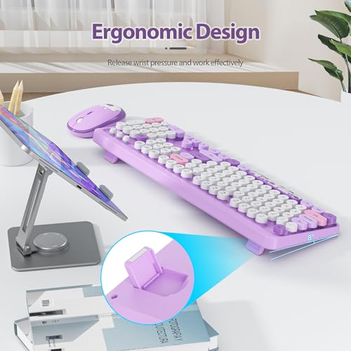 Image of Fogruaden Wireless Keyboard and Mouse Combo 2.4GHz Retro Typewriter Keyboard, 104 Keys Full Size Round Keycap Cute Keyboard and Mouse with Number Pad, Purple Colorful Keyboard for Windows PC Laptop