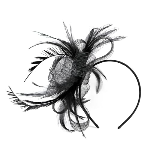 Funalix Dam Fascinators hårband – vintage cocktail party te huvudbonad, elegant fjäder huvudbonad för cocktail bröllop avslutningsbal maskerad tefest och social (svart)