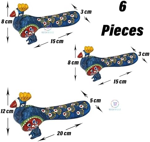 Hand-Painted Paper Mache Peacock Set - Traditional Indian Folk Art Decor for Home, Office, andifting - Set of 6 in Light Blue