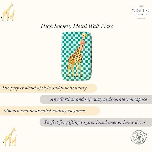 Image of The Wishing Chair High Society Metal Wall Plate | Decorative Iron Wall Art with Giraffe Design & Teal Checkered Pattern | Quirky Animal Wall Hanging Decor for Living Room, Bedroom & Kids Room