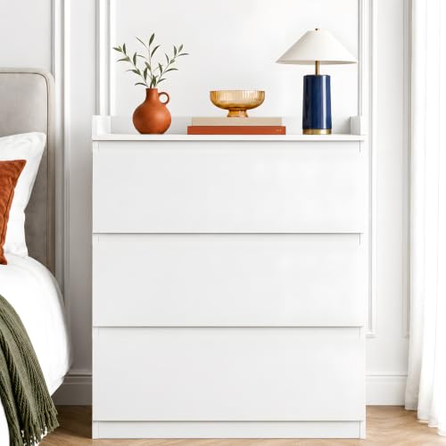 GOKHOMX Cómoda Blanca 3 Cajones sin Tiradores, Cajonera Dormitorio 70 x 40 x 80 cm en MDF, Mueble de Almacenaje para Salón, Recibidor, Pasillo, Habitación Infantil y Oficina, 1 Unidad