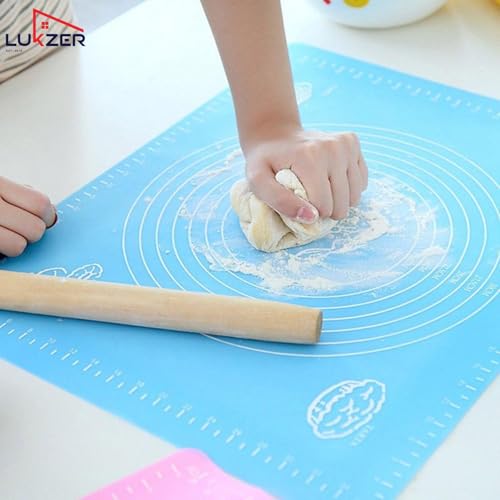 Image of Lukzer Baking Mat with Measurement Guides, Non Stick & Reusable Rolling Sheet for Dough Rolling Roti Chapati Pizza Fondant & Bread | BPA-Free Anti-Slip Waterproof Sheet 50 x 40 cm (Blue)