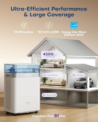 Image of avylo 5000 Sq.Ft Energy Star Most Efficient 2025 Dehumidifier, Max 90 Pint /Day, Top Mounted 2.11Gal Tank, Auto Defrost, White Dehumidifier with Pump and Drain Hose for Basement, Home, Bedroom,Bathroom
