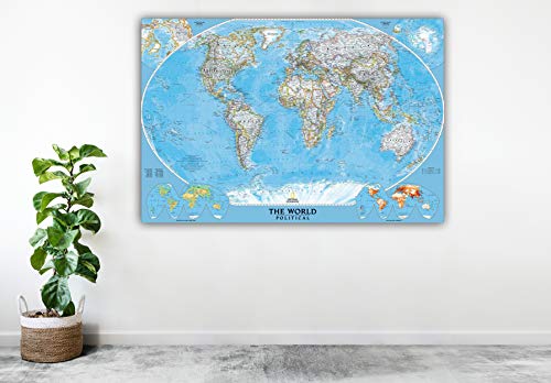 Cuadro Lienzo Mapamundi político Azul - Lienzo de Tela Bastidor de Madera de 3 cm - Fabricado en España - Varias Medidas - Impresión en Alta resolución (120, 81)