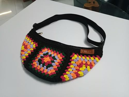 Image of Churi Handmade Checkered Crochet Tote Bag - Boho Shoulder Purse for Women, Summer Beach & Travel (Black)