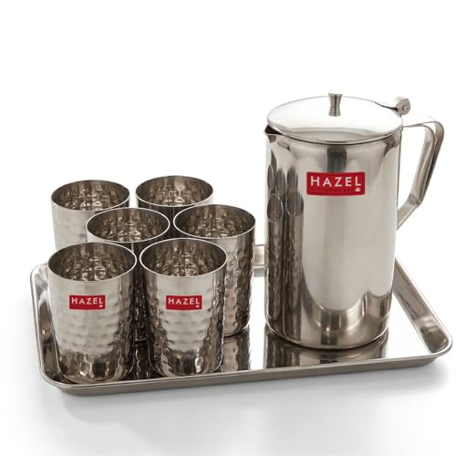 Image of HAZEL Stainless Steel Drinkware Combo of 8 | Water Jug with Lid 1800ml, 6pc Hammered Glasses 350ml & Serving Tray | Glossy Finish Tableware Set for Home & Office Use