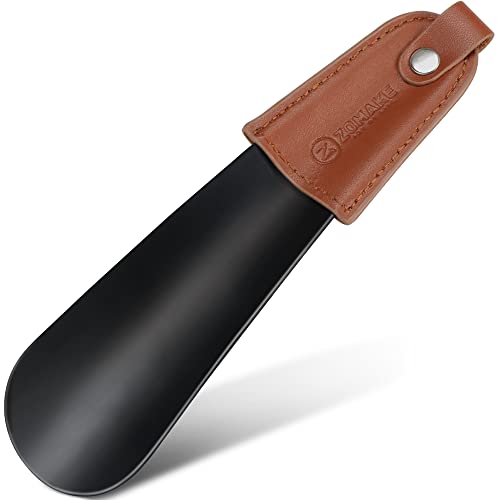 ZOMAKE Calzascarpe Metallo Corto Calzante - Acciaio Inossidabile Shoe Horn 17cm,Calza Scarpe Con Manico In Pelle Facile Da Usare(Nero)