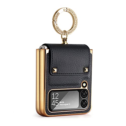 Coque Samsung Z Flip 4 en cuir PU noir de luxe avec anneau chic