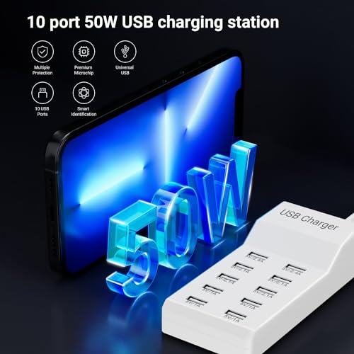 USB Charging Station Charging Station 50w10A 10-Port USB Charger, Multiport USB Charger Station Hub, Compatible with iPhone, Galaxy, iPad Tablet, and Other USB Charging Devices